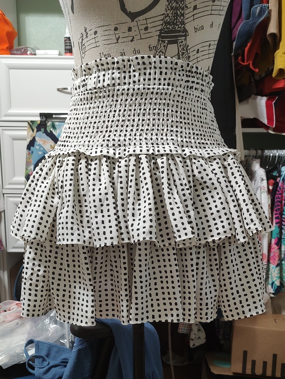The Reset White Mini Skirt with Black Dot Print